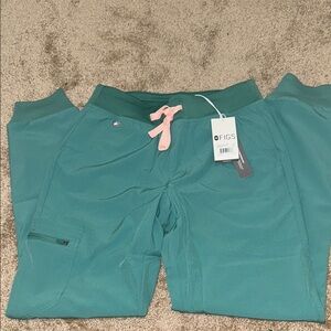 Figs Green Scrub Pants with Pink Drawstring